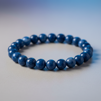 A highly detailed, cinematic product shot of an 8mm Sodalite Beaded Bracelet, captured in a professional studio setting. The scene features softbox lighting that gently highlights the natural texture and deep, calming hues of the sodalite beads, with subtl