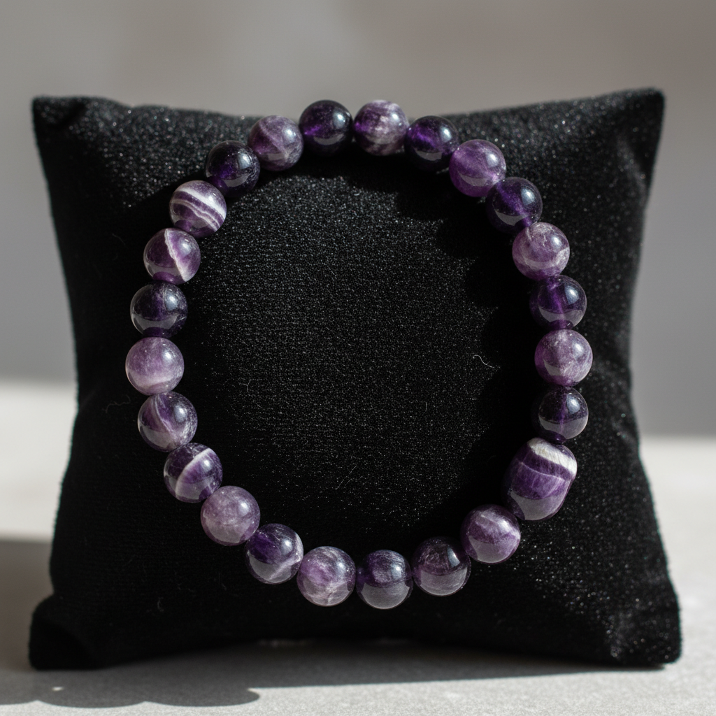 A highly detailed studio shot of the Chevron Amethyst Bracelet, 8mm, elegantly draped over a soft black velvet cushion, with luxurious HDR studio lighting that highlights the intricate patterns and natural translucence of the amethyst stones. The camera is
