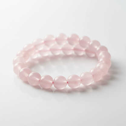Capture a close-up, high-resolution image of the Rose Quartz Bracelet, showcasing its polished, translucent 8mm beads glistening under soft HDR studio lighting. The bracelet is elegantly coiled on a smooth, matte white surface with subtle reflections empha