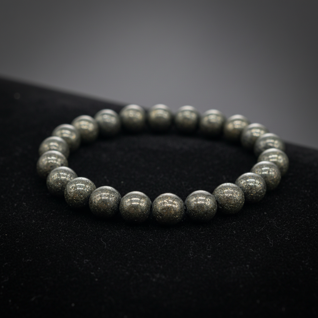 Capture a close-up, macro shot of the Pyrite Beaded Bracelet with 8mm beads glistening under soft HDR studio lighting. Use a shallow depth of field with a focus on the intricate, metallic luster of each bead, highlighting their fool's gold appearance. The 