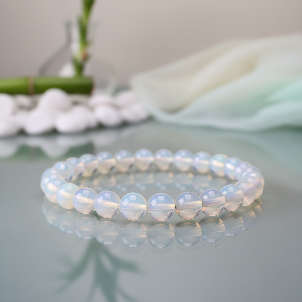 Capture a close-up, macro shot of the Opalite Beaded Bracelet, 8mm, elegantly draped around a reflective glass surface in a professional studio setting. Use softbox lighting to create gentle, diffused illumination that highlights the bracelet’s ethereal tr