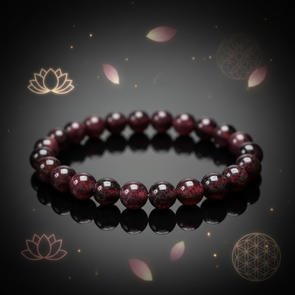 Create a highly detailed, cinematic studio image of a Garnet Beaded Bracelet, 6-8mm, showcasing its rich, deep red hue and polished round beads, arranged elegantly on a reflective black surface that emphasizes the smooth texture and vibrant color. Use soft