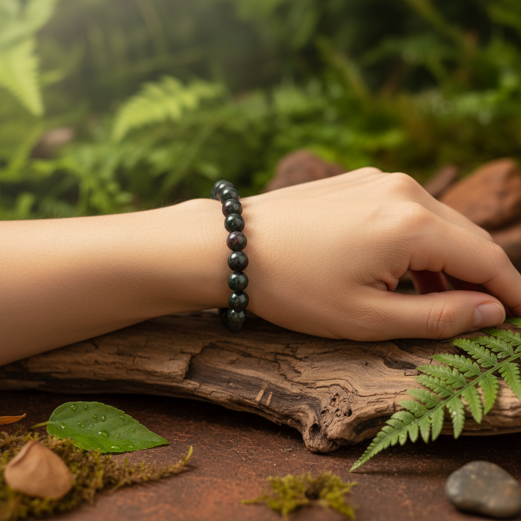 Create a styled lifestyle scene featuring the Bloodstone Bracelet, 8mm, worn on a model's wrist in a serene, nature-inspired setting. Use natural daylight with a slight diffuser filter to cast a gentle, even glow across the subject's hand, emphasizing the 