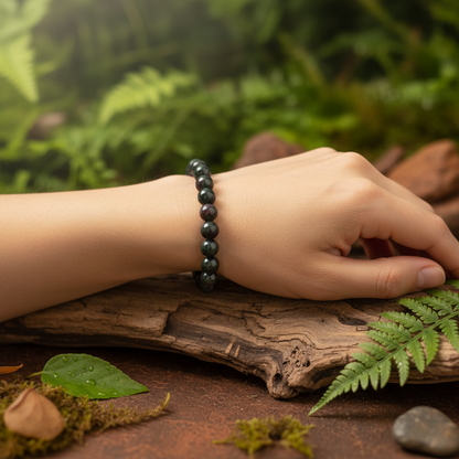 Create a styled lifestyle scene featuring the Bloodstone Bracelet, 8mm, worn on a model's wrist in a serene, nature-inspired setting. Use natural daylight with a slight diffuser filter to cast a gentle, even glow across the subject's hand, emphasizing the 