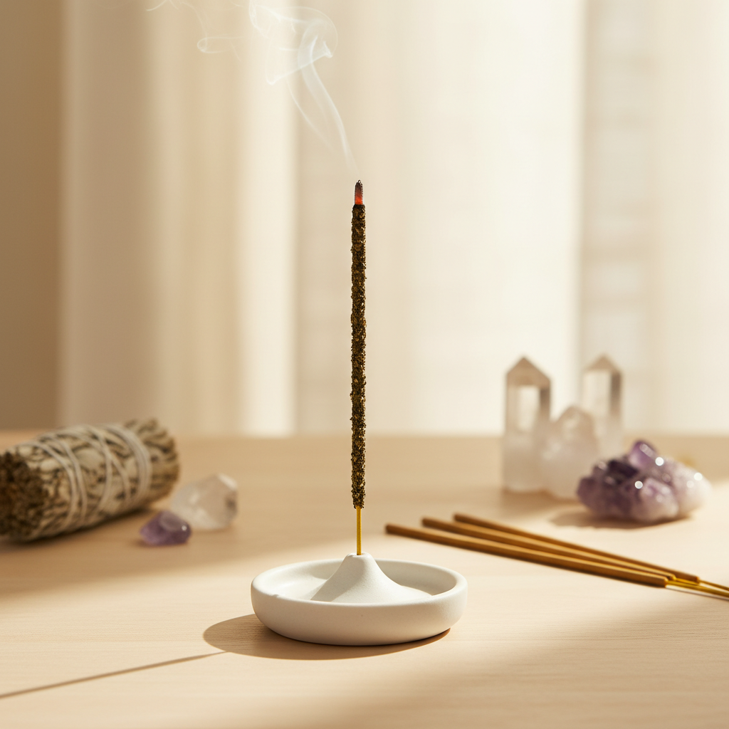 Set in a tranquil, sacred space, this image depicts a single white sage incense stick standing upright in an elegant, minimalist holder, softly illuminated by HDR studio lights to bring out the warm, earthy textures of the sage and its fibrous surface. The