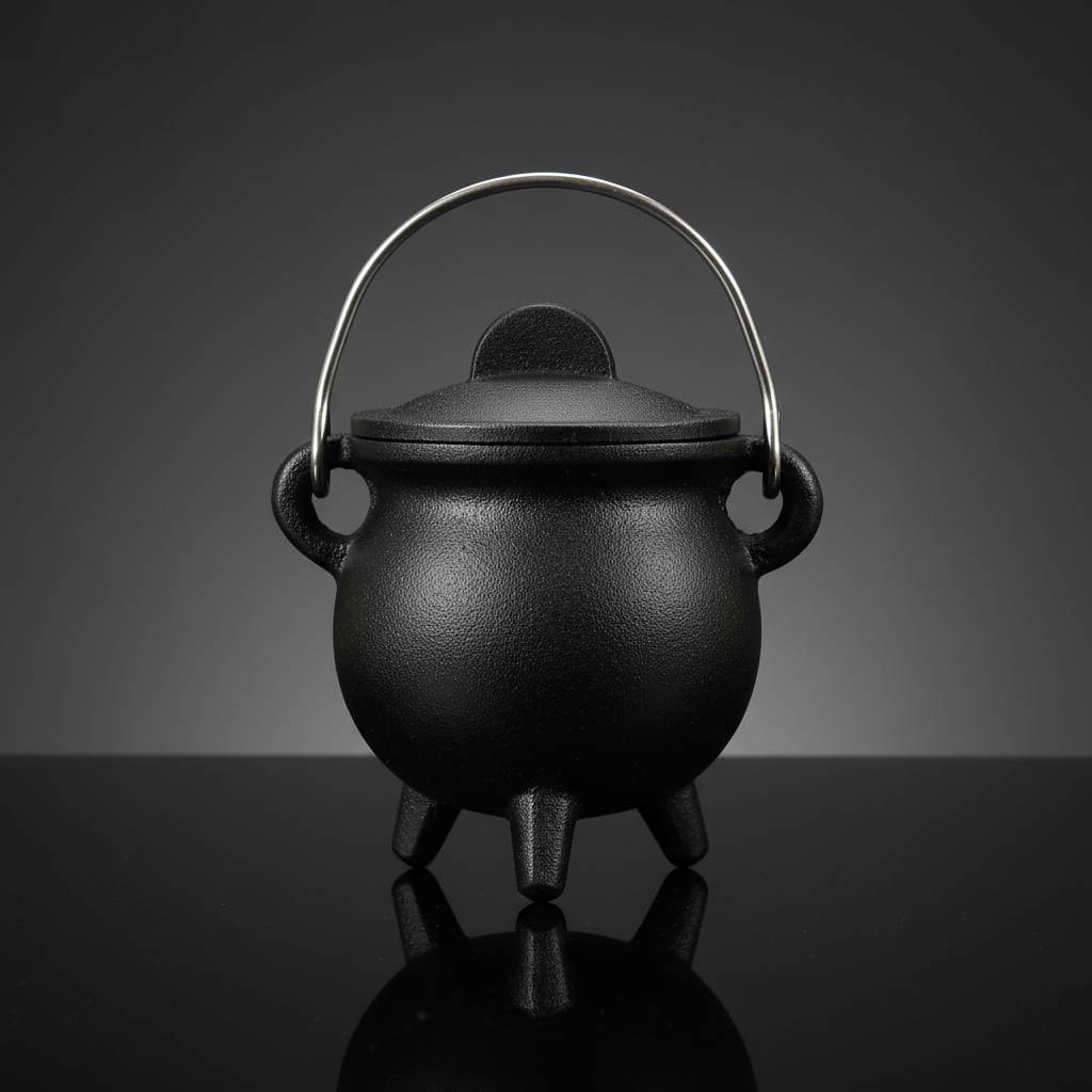 A highly detailed, close-up studio shot of the Plain cast iron cauldron with lid, positioned centrally on a sleek reflective surface. The cauldron is illuminated by softbox lighting from above, emphasizing its matte black, textured cast iron surface and th