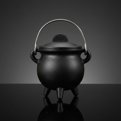 A highly detailed, close-up studio shot of the Plain cast iron cauldron with lid, positioned centrally on a sleek reflective surface. The cauldron is illuminated by softbox lighting from above, emphasizing its matte black, textured cast iron surface and th