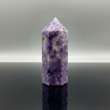 Capture a dramatic, high-resolution studio shot of the '~5+' Lepidolite obelisk,' positioned centrally on a sleek, reflective black surface that emphasizes its size and intricate texture. Use HDR studio lighting with softbox diffusion to highlight the mine