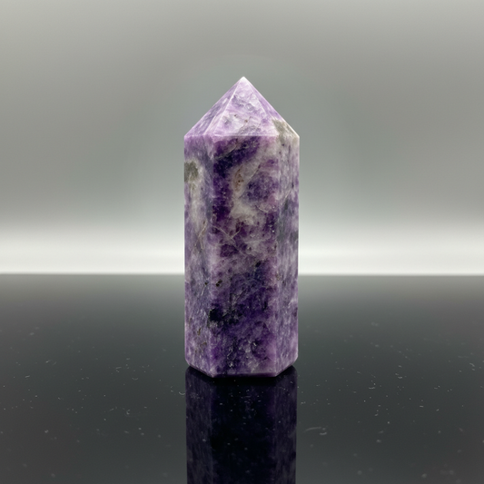 Capture a dramatic, high-resolution studio shot of the '~5+' Lepidolite obelisk,' positioned centrally on a sleek, reflective black surface that emphasizes its size and intricate texture. Use HDR studio lighting with softbox diffusion to highlight the mine