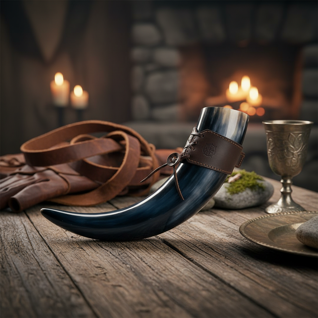 Create a highly detailed, cinematic studio shot of a ~12' Viking Drinking Horn showcased as a centerpiece on a rustic wooden table. Use HDR studio lighting with softbox key lights to emphasize the natural textures of the cattle horn, highlighting its rich,