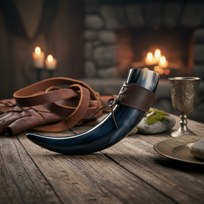 Create a highly detailed, cinematic studio shot of a ~12' Viking Drinking Horn showcased as a centerpiece on a rustic wooden table. Use HDR studio lighting with softbox key lights to emphasize the natural textures of the cattle horn, highlighting its rich,