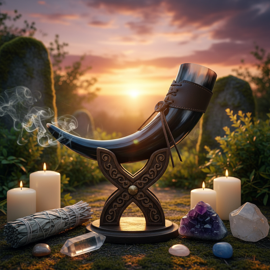 Generate a vivid, cinematic image of a ~12' Viking Drinking Horn displayed in an outdoor ceremonial setting at sunset. Use diffused daylight combined with rim lighting to accentuate the natural wood and cattle horn textures, revealing intricate grain patte