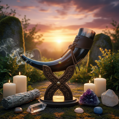 Generate a vivid, cinematic image of a ~12' Viking Drinking Horn displayed in an outdoor ceremonial setting at sunset. Use diffused daylight combined with rim lighting to accentuate the natural wood and cattle horn textures, revealing intricate grain patte