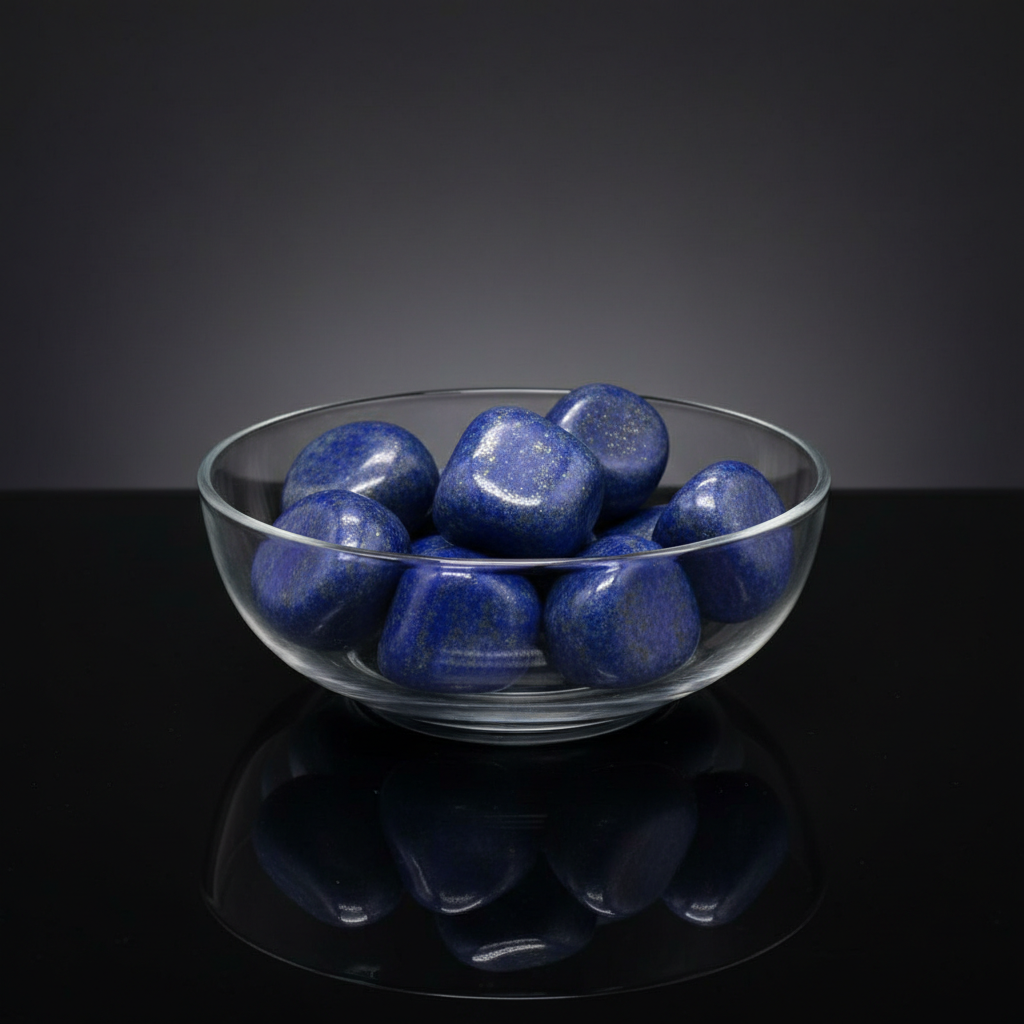 Create a high-resolution image of a luxurious, professional studio setup focused on a transparent, shallow glass bowl filled with roughly 6 to 11 natural Lapis Lazuli free shape stones, weighing approximately 1kg, arranged organically on a sleek, reflectiv