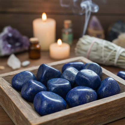 Design an elegant, lifestyle-inspired scene showcasing a close-up, macro shot of a handful of Lapis Lazuli free shape stones within a rustic wooden tray, set against a softly blurred ambient backdrop of a crystal healing space with candles and sage. Use di