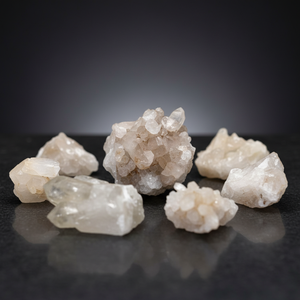 Create a hyper-realistic, studio-shot image of a flat of quartz with natural inclusions, set against a clean, softly blurred dark background to emphasize clarity and intricate textures. Use HDR studio lighting with a softbox to evenly illuminate the quartz