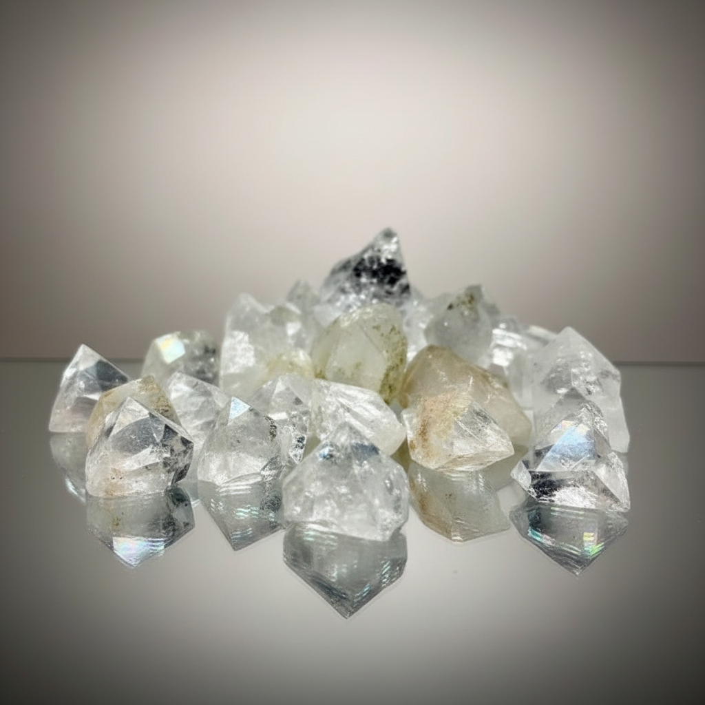 Create a high-resolution studio shot of a flat collection of Apophyllite tips, arranged meticulously in a natural, organic pattern on a sleek, reflective surface. The scene is lit with a softbox light from above, emphasizing the pyramid-shaped tips and pri