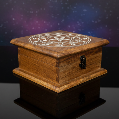A highly detailed, cinematic studio shot of the Zodiac Moon Phase Wooden Box, measuring 7' x 7' x 3 1/2', captured from a slightly elevated angle to emphasize its intricate moon phase symbols and zodiac engravings. The scene is lit with HDR studio lighting