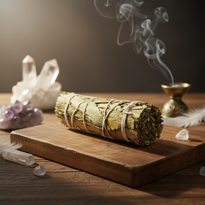 Create a highly detailed, cinematic studio image of a 4-foot Yerba Santa Smudge Stick, artistically arranged on a rustic wooden altar with soft, diffused daylight coming from the side. Capture the natural, textured surface of the hand-rolled bundle, emphas