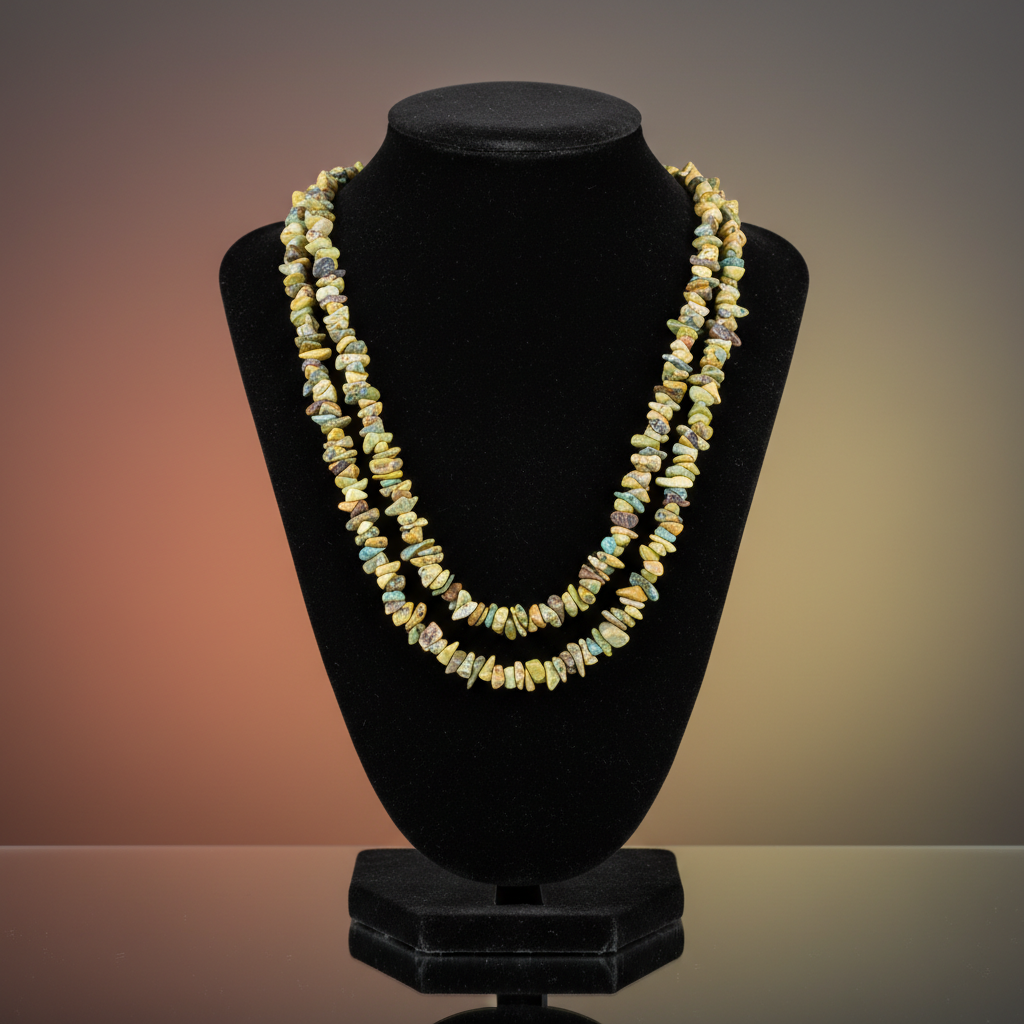 Create a vivid ultra HD studio shot of the Yellow Turquoise Chip Necklace, 32 inches, hanging delicately from a minimalist, matte-finish black velvet bust stand. Employ softbox lighting from above and to the side to highlight the natural textured chips and