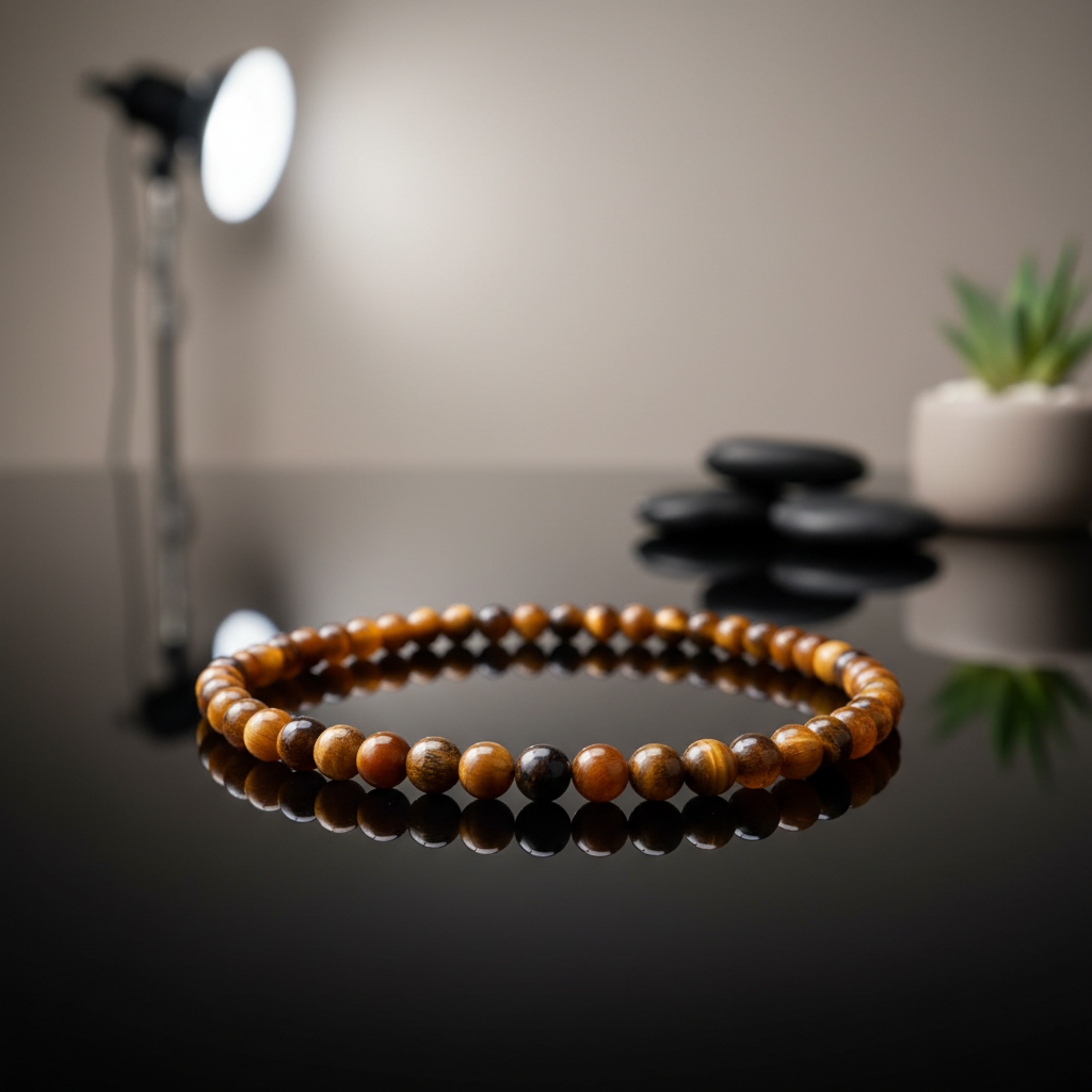 Create a cinematic studio shot of a Yellow Tiger Eye Bracelet featuring 4mm beads, captured with a macro lens that emphasizes texture and detail. Use softbox lighting to produce a gentle, diffused glow that highlights the warm golden hues and silky smooth 