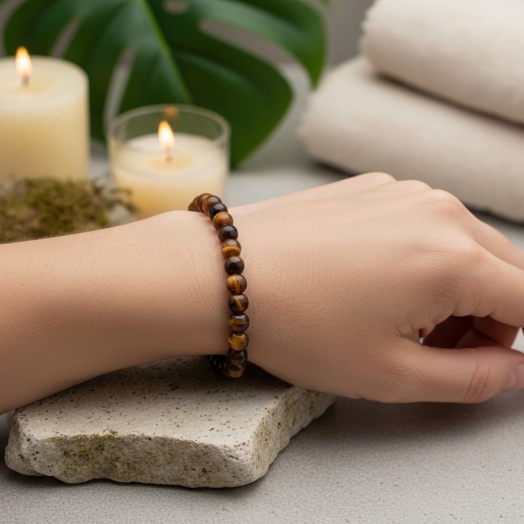 Design a lifestyle scene featuring the Yellow Tiger Eye Bracelet—4mm beads—wrapped around a model’s wrist during a serene meditation session. Capture the scene with a DSLR camera at eye level, employing studio HDR lighting to evenly illuminate the bracelet