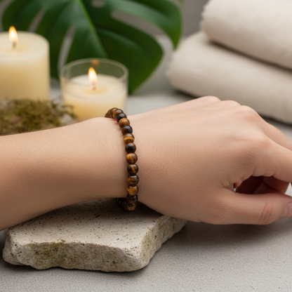 Design a lifestyle scene featuring the Yellow Tiger Eye Bracelet—4mm beads—wrapped around a model’s wrist during a serene meditation session. Capture the scene with a DSLR camera at eye level, employing studio HDR lighting to evenly illuminate the bracelet