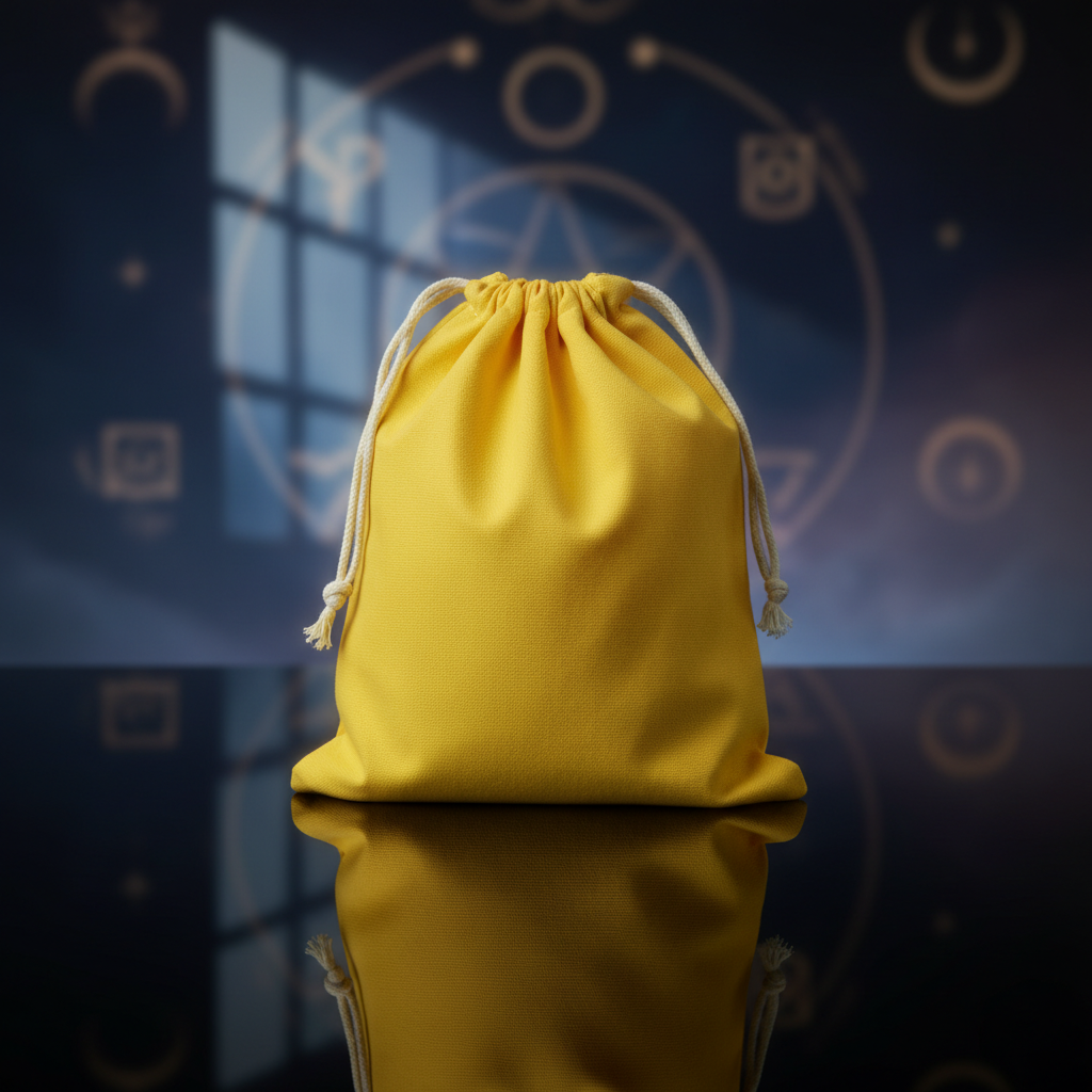Capture a high-resolution, studio-style shot of the yellow cotton bag, positioned centrally on a reflective black surface that enhances its vibrant hue. Use HDR studio lighting with softboxes to create even, diffused light that highlights the natural textu