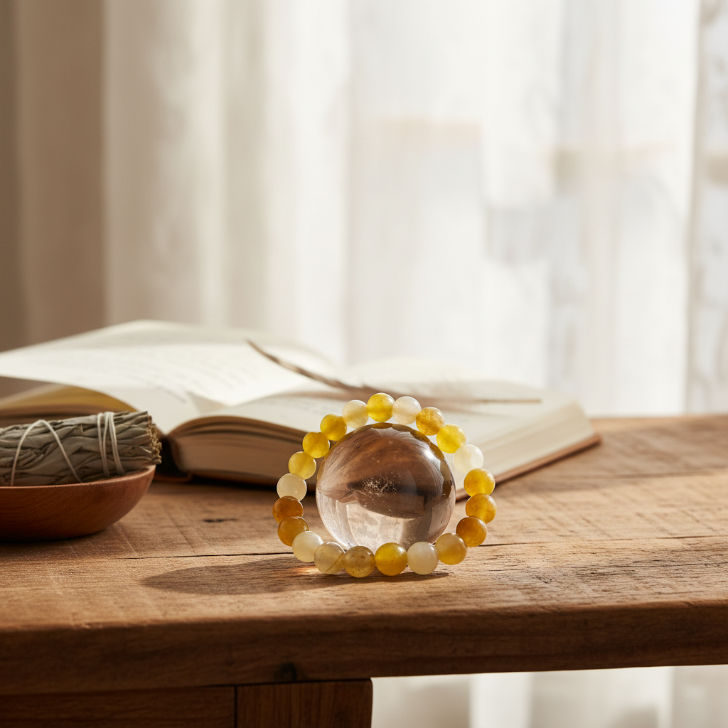 A sophisticated studio environment presenting the Yellow Jade bracelet in a lifestyle scene, placed on an artisanal wooden table with natural daylight streaming through a sheer, flowing fabric backdrop. The bracelet is draped naturally across a gemstone sp