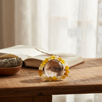 A sophisticated studio environment presenting the Yellow Jade bracelet in a lifestyle scene, placed on an artisanal wooden table with natural daylight streaming through a sheer, flowing fabric backdrop. The bracelet is draped naturally across a gemstone sp