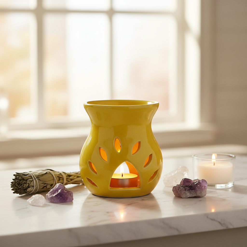 Present the yellow ceramic oil diffuser in a tranquil, minimalistic lifestyle setting, positioned on a white marble countertop with a natural, diffused daylight-soaked background. Capture the scene from a slightly lower eye level with a 35mm lens to create