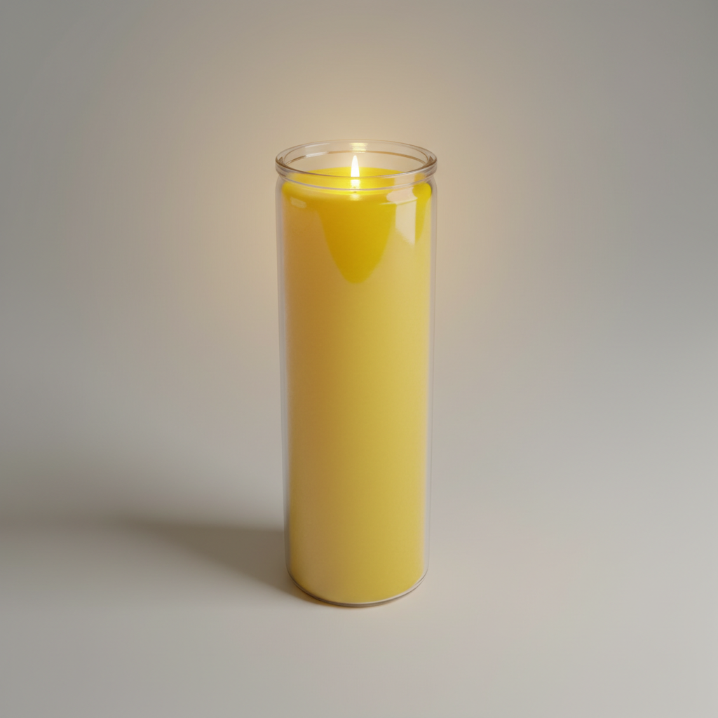 A highly detailed, studio-focused image of a 'Yellow 7-day jar candle' set against a sleek, neutral-toned background, illuminated by softbox lighting to highlight its smooth glass jar and wax surface. The camera is positioned at a slight angle, with a macr