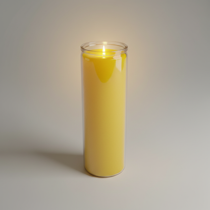 A highly detailed, studio-focused image of a 'Yellow 7-day jar candle' set against a sleek, neutral-toned background, illuminated by softbox lighting to highlight its smooth glass jar and wax surface. The camera is positioned at a slight angle, with a macr