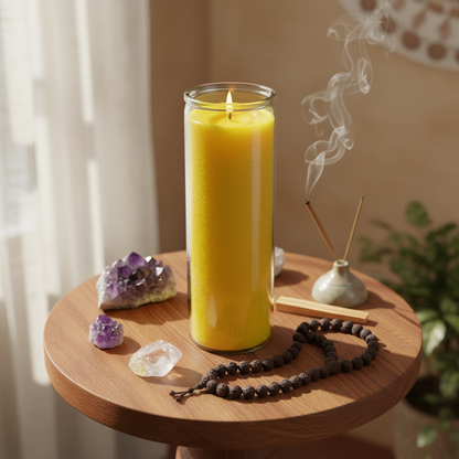 A vibrant, lifestyle scene featuring the candle placed on a polished wooden altar or table in a serene, softly lit space with natural daylight diffusing through a sheer curtain. The candle is prominently positioned in the foreground, with an artistic arran