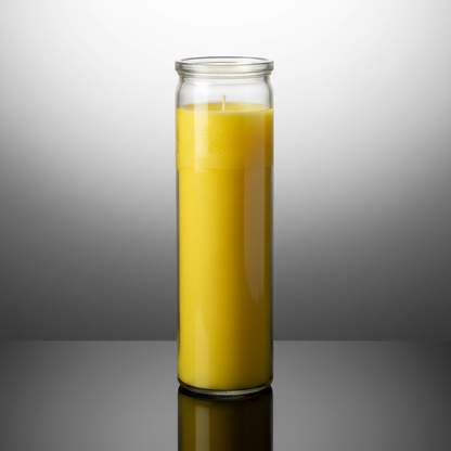 A professional studio scene featuring a close-up shot of the yellow 7-day jar candle placed centrally on a sleek, reflective black surface. The candle's glass jar is transparent, showcasing the wax inside with a smooth, polished finish. Softbox lighting fr