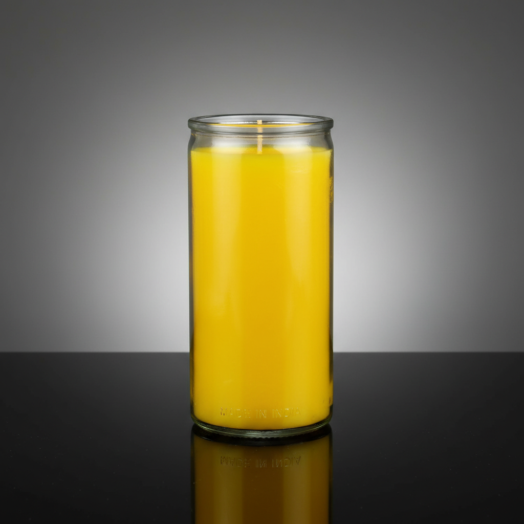 Capture a close-up, high-resolution studio shot of the yellow 14-day jar candle, positioned centrally on a sleek, reflective black surface to emphasize its shape and craftsmanship. Use a softbox lighting setup to create even, gentle illumination that highl