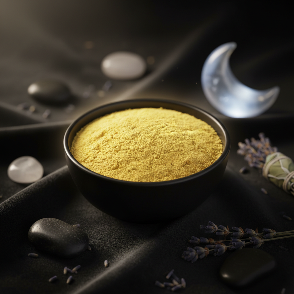 Present a close-up, macro shot of the 'Yeast, Nutritional powder 1oz' in a minimalist, sacred setting. The powder is contained in a small, matte black bowl placed on a dark velvet cloth with ambient rim light casting a gentle glow. Surround the scene with 