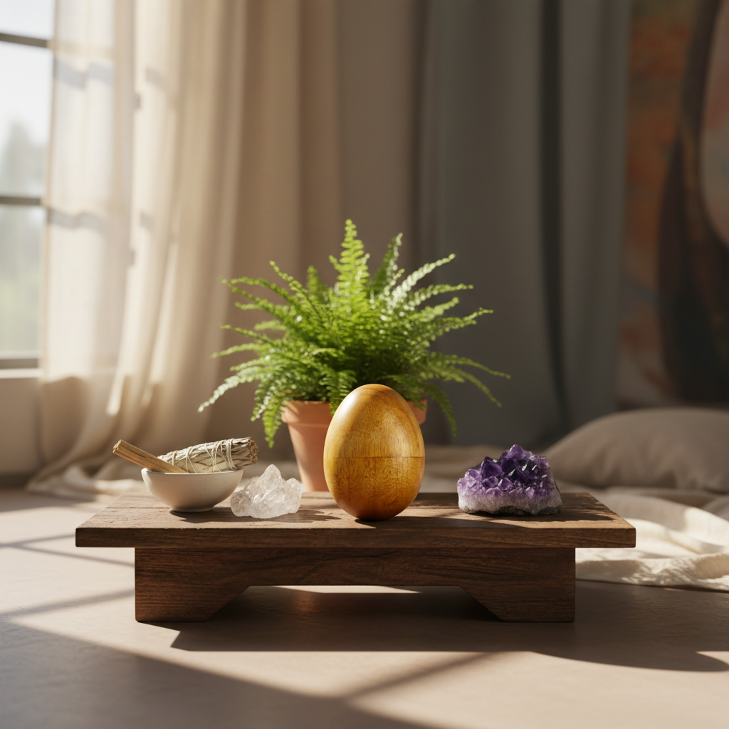 Set up a lifestyle scene in a serene, well-lit meditation space featuring a natural, textured fabric backdrop in muted tones. Place the Wooden Egg Shaker in the foreground on a rustic wooden altar surrounded by calming elements like sage, crystals, and gre
