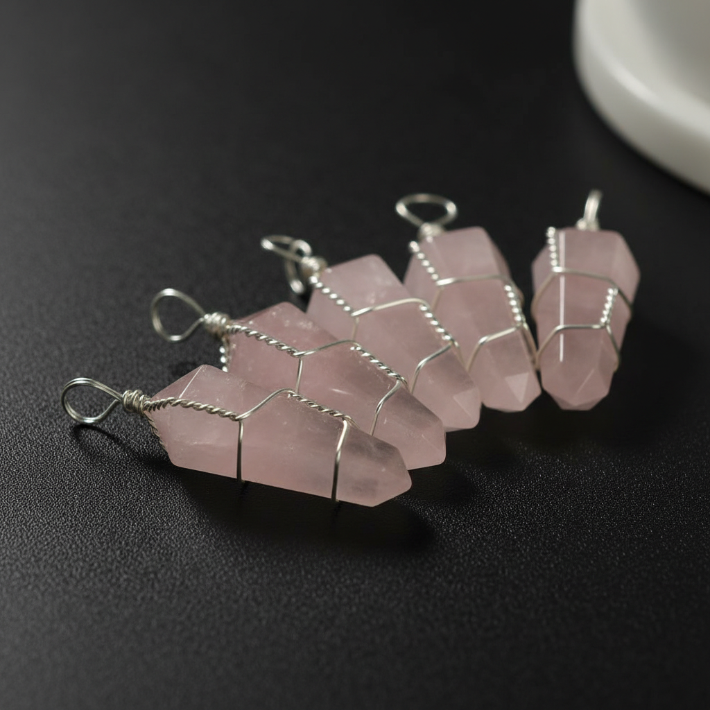 Capture a close-up, highly detailed studio shot of a set of five wire-wrapped Rose Quartz points, arranged elegantly on a matte black surface. Use softbox lighting to highlight the soft pink hues and polished texture of each stone, emphasizing their smooth
