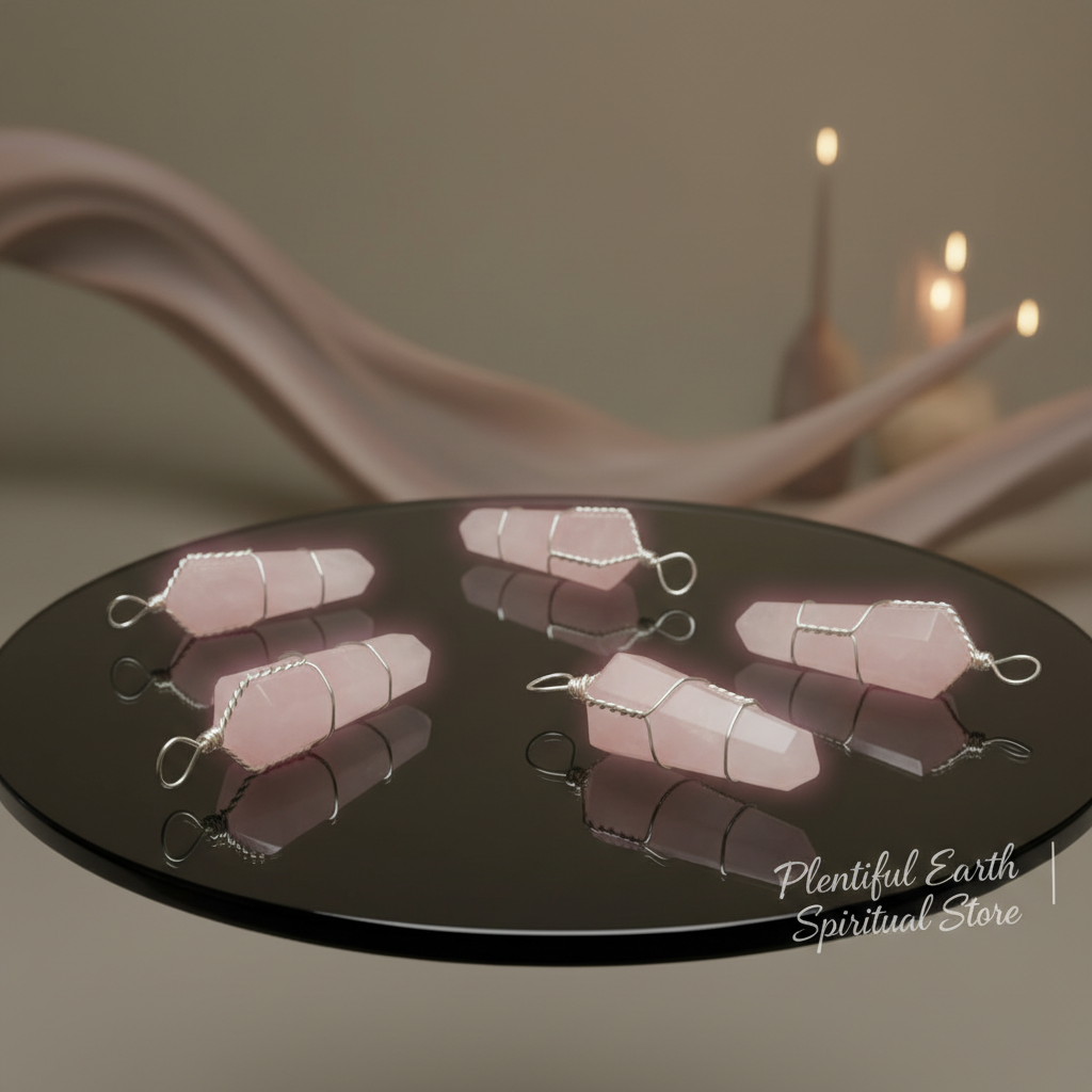 Create a vibrant, cosmopolitan scene featuring the five Rose Quartz points artistically arranged on a sleek, reflective glass surface. Use HDR studio lighting to enhance their gentle pink glow and smooth finish, while gentle rim lighting accentuates their 
