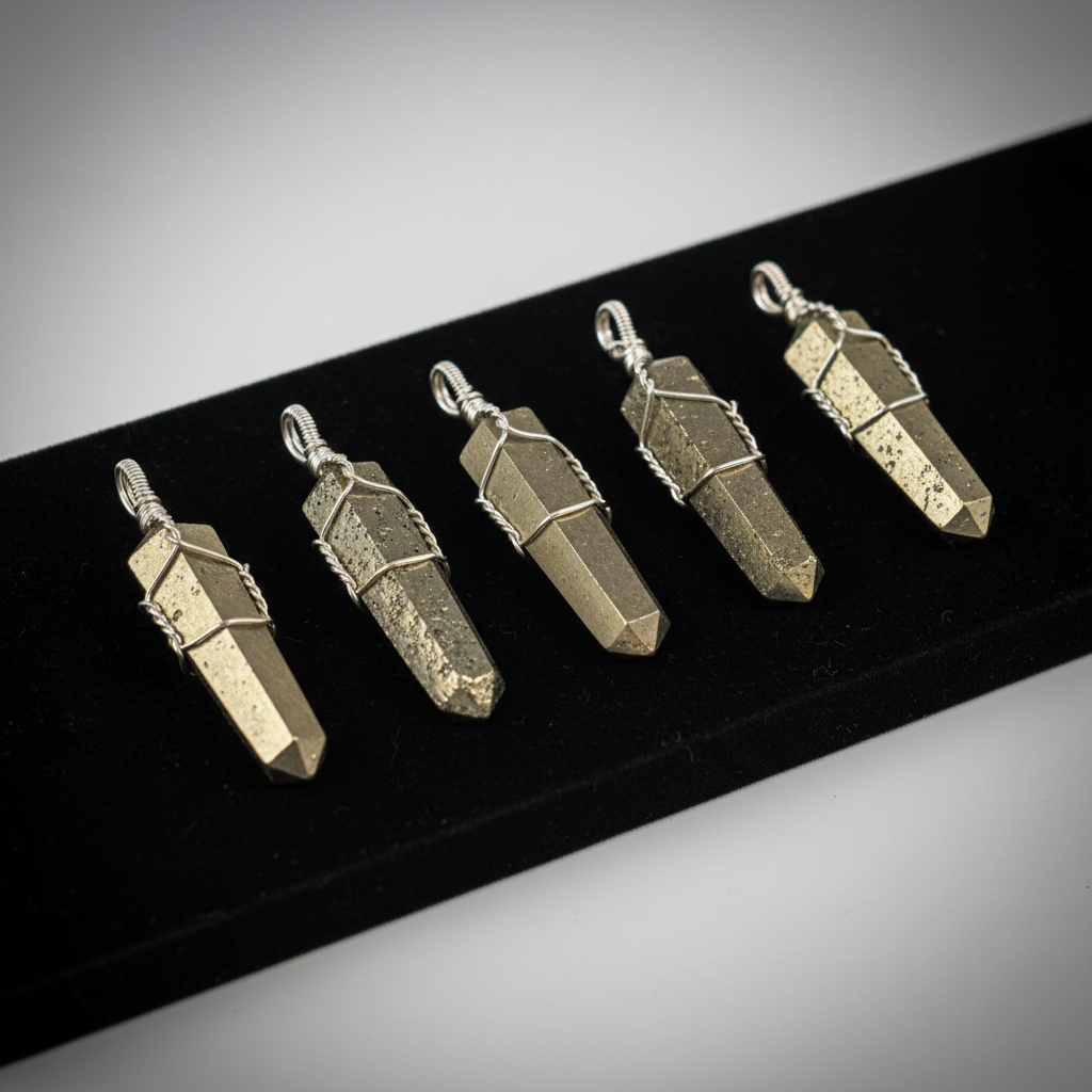 Create a highly detailed studio image of a set of five Pyrite point pendants, each approximately 1 3/8 inches long, wire-wrapped with intricate silver-toned wire that emphasizes their metallic luster. The scene is illuminated by softbox lighting to highlig