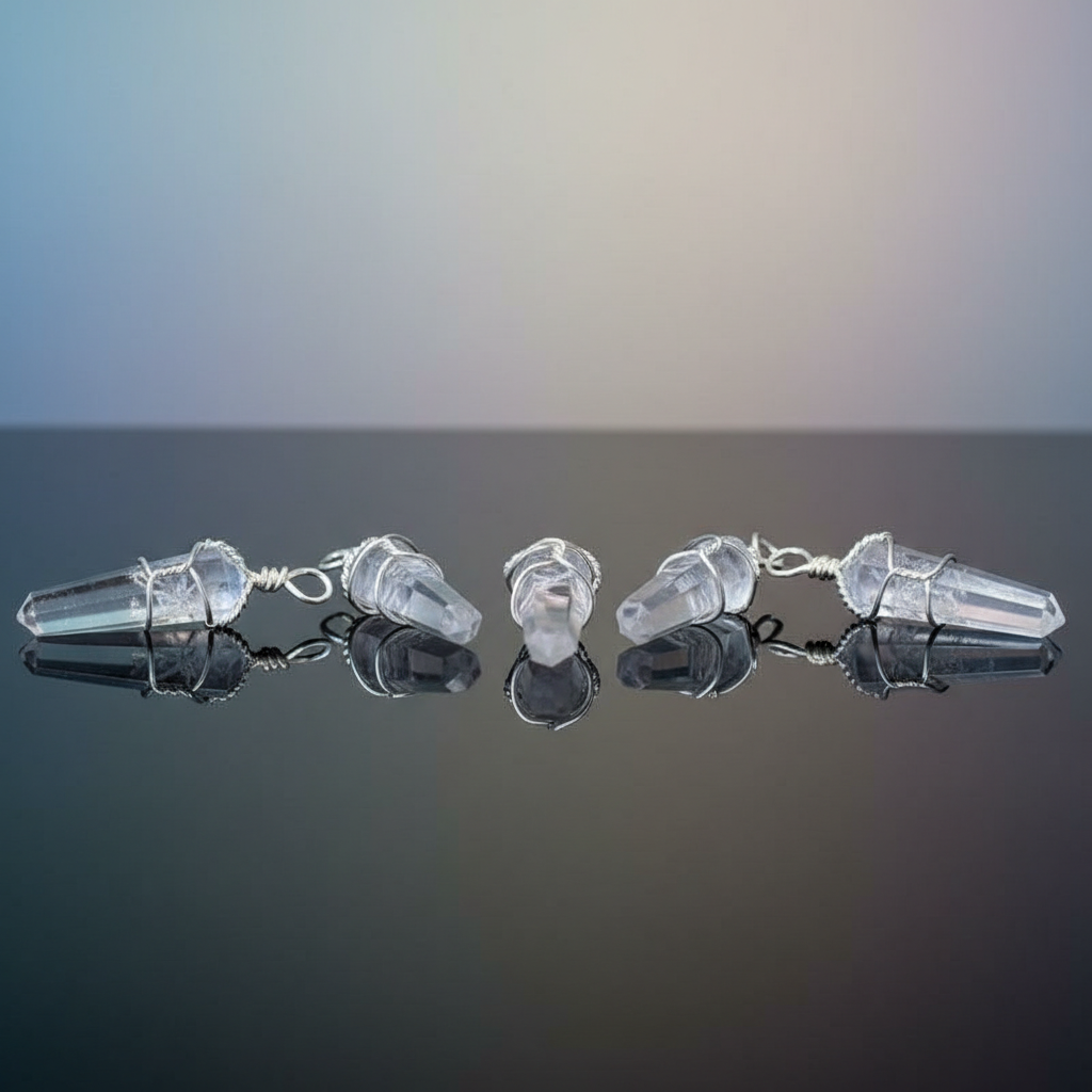 A highly detailed, studio-shot image of a set of five wire-wrapped clear quartz points, positioned on a sleek, reflective surface to emphasize clarity and brilliance. The scene is illuminated by softbox lighting from above and slightly to the side, creatin