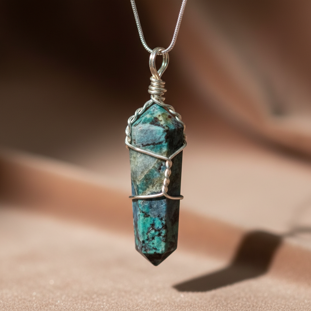 Create a stunning macro shot of a single wire-wrapped Chrysocolla crystal point pendant, emphasizing its intricate wire work and vibrant natural hues. Set against a softly blurred, elegant velvet background under diffused daylight studio lighting, capture 