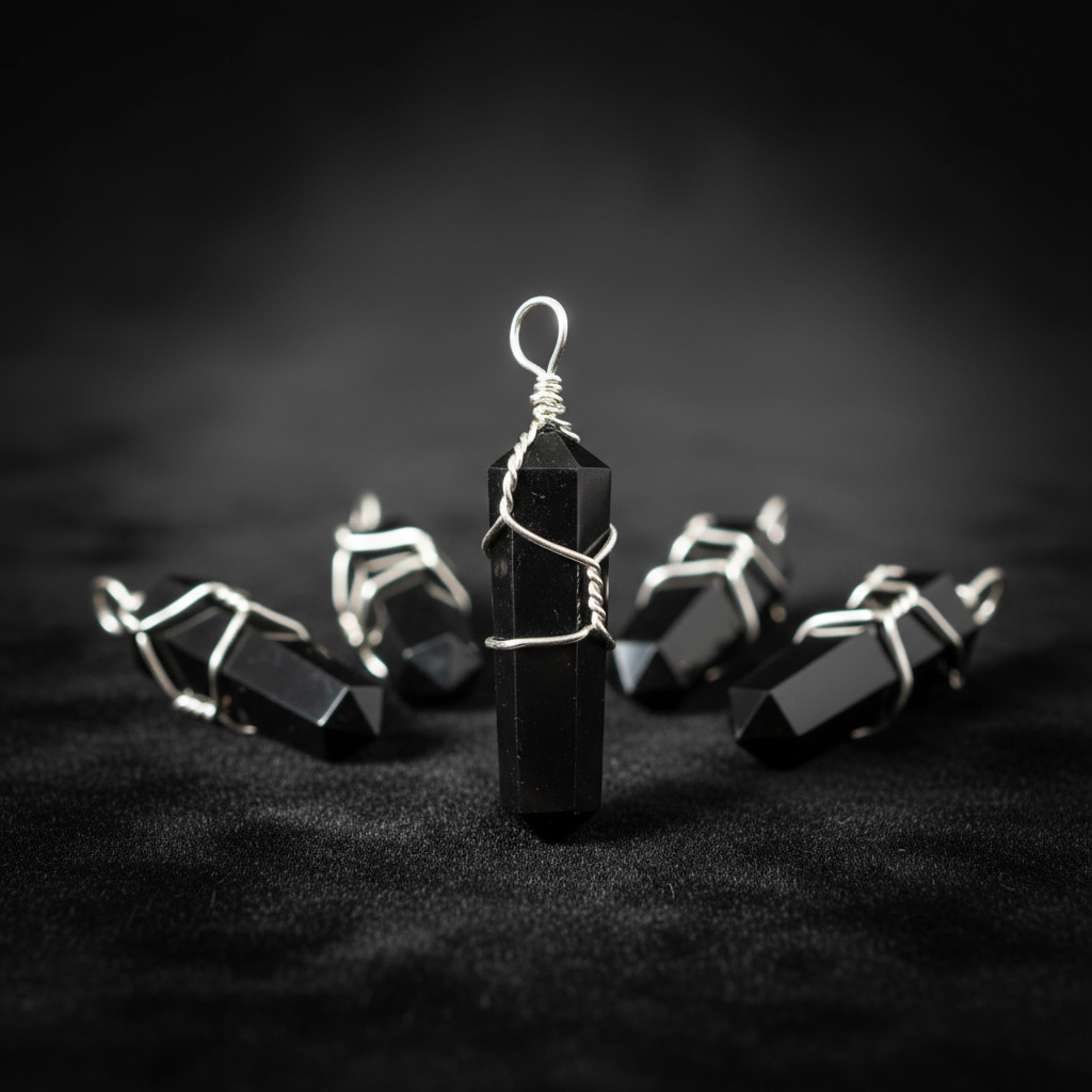 Capture a highly detailed, studio-style close-up shot of the 'Wire Wrapped Black Obsidian Pendant, Set of 5' arranged elegantly on a reflective black velvet cloth, illuminated by softbox lighting to accentuate the glossy textures of the obsidian and intric