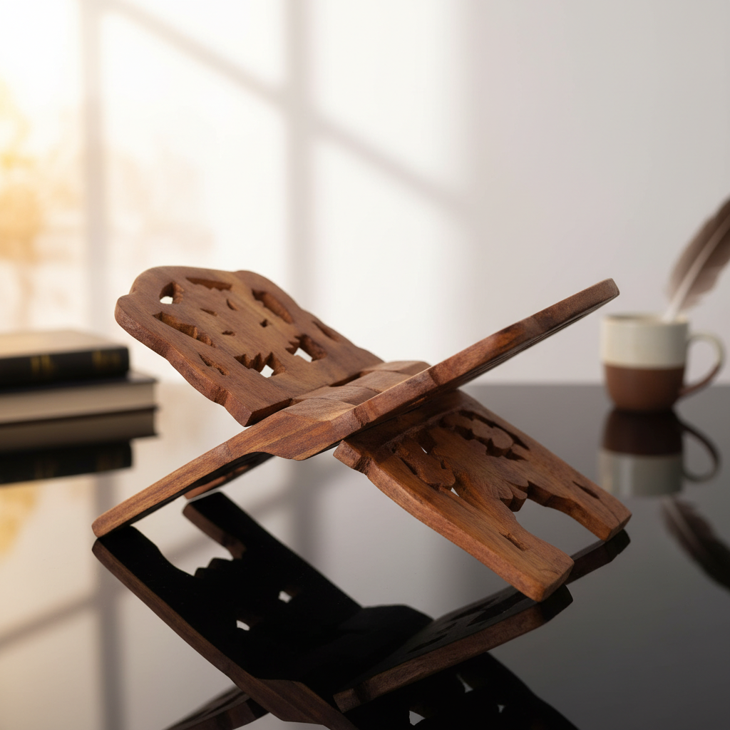 Create a stunning, studio-quality image of a wooden book holder measuring 10 inches, captured with HDR studio lighting that highlights the natural grain and warm tones of the wood. Position the book holder at a slight angle on a sleek, reflective black sur