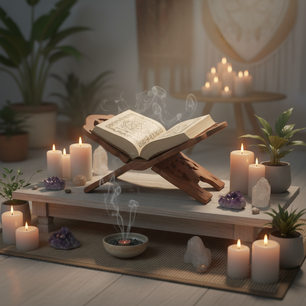 Design a richly detailed, cinematic lifestyle scene of a 10-inch wooden book holder placed on a serene altar setup, illuminated with diffused candlelight and softbox lighting to evoke warmth and spiritual energy. The scene includes sacred objects like crys