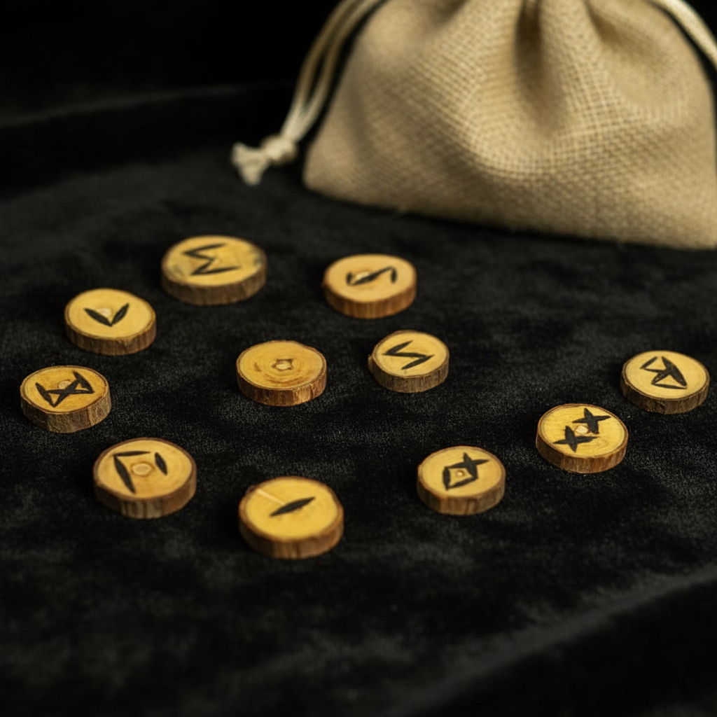 Capture a set of 24 elder Futhark runes plus one blank rune, meticulously crafted from burnt poplar wood, artistically arranged on a dark, textured velvet surface for a highly detailed product display. Use professional HDR studio lighting with softboxes to