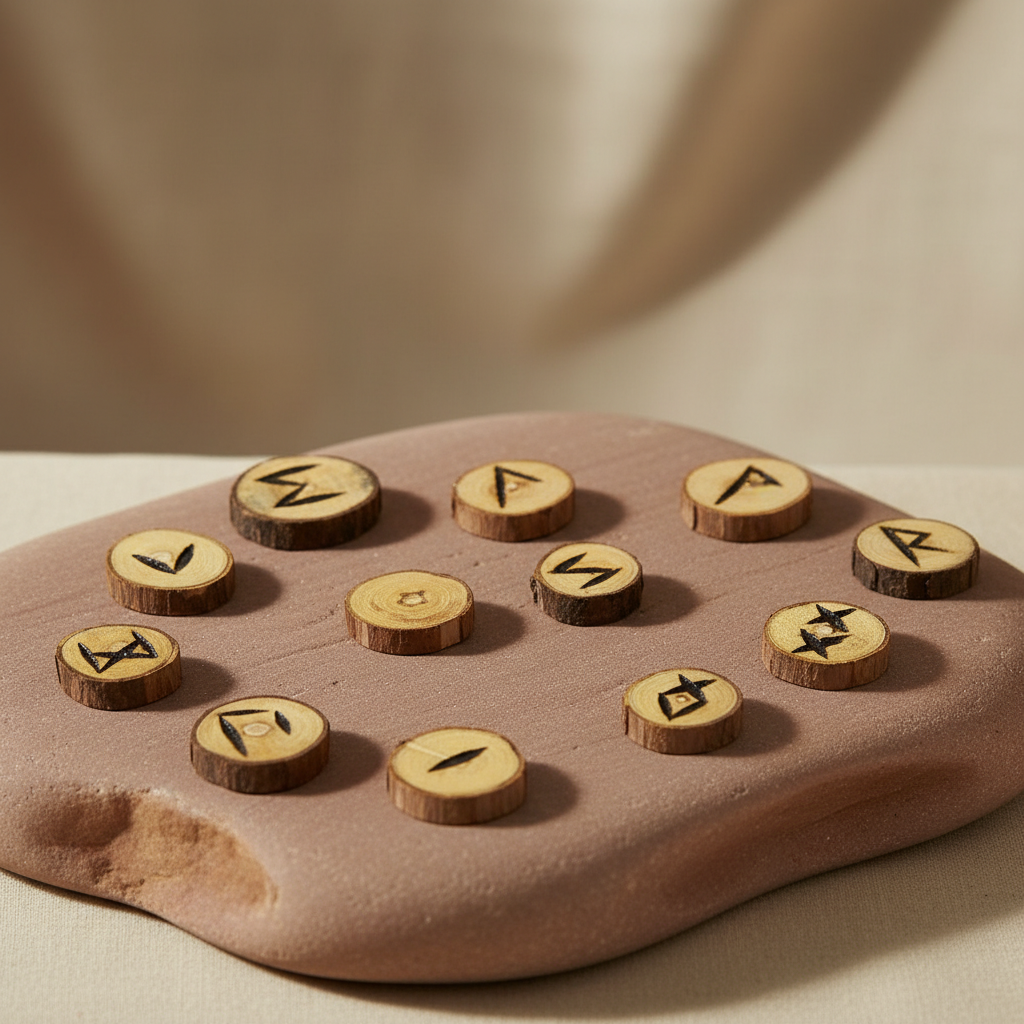 Depict a single, high-resolution image of the wooden rune set arranged in a natural, semi-circle on a polished sandstone surface, rendered with studio-quality lighting that emphasizes the warm, rustic tones of burnt poplar wood. Use a wide-angle lens with 