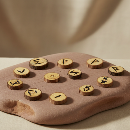 Depict a single, high-resolution image of the wooden rune set arranged in a natural, semi-circle on a polished sandstone surface, rendered with studio-quality lighting that emphasizes the warm, rustic tones of burnt poplar wood. Use a wide-angle lens with 