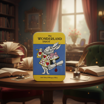 Set the 'Wonderland Tarot tin by Abbey & Abbey' in a whimsical, storybook-like environment styled as a quaint Victorian library or salon. Use HDR studio lighting with a diffused daylight setup to create a bright, inviting glow that highlights the detailed,